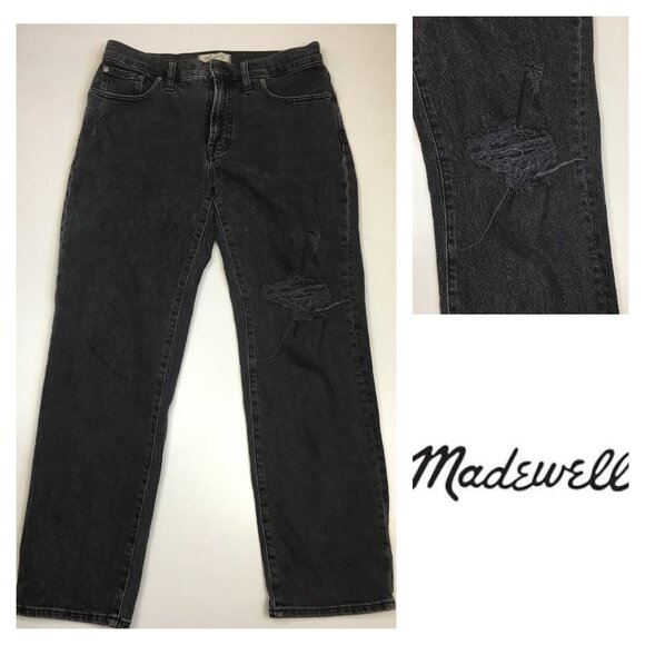 MADEWELL Dark Gray/Black Distressed The Mid-Rise Perfect Vintage Straight Jeans - Picture 1 of 14